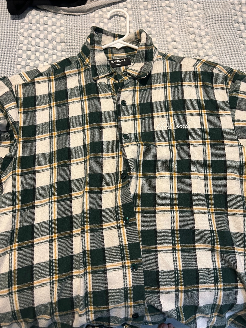Black Scale Green and White Plaid Button-Down Shirt with Yellow Accents